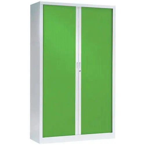 Vue de l'armoire à rideaux de couleur 198 x 120 cm coloris corps blanc RAL 9010 et rideaux vert RAL 6018