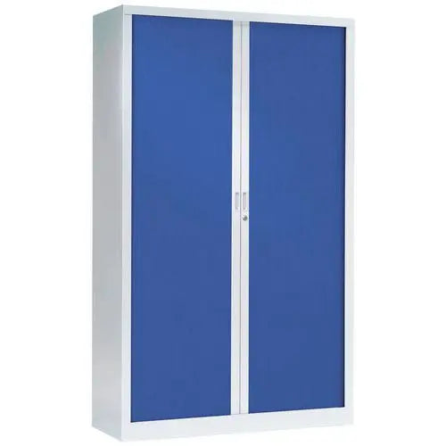 Armoire métallique haute colorée, version corps blanc RAL 9010 et rideaux bleu RAL 5002, livrée montée
