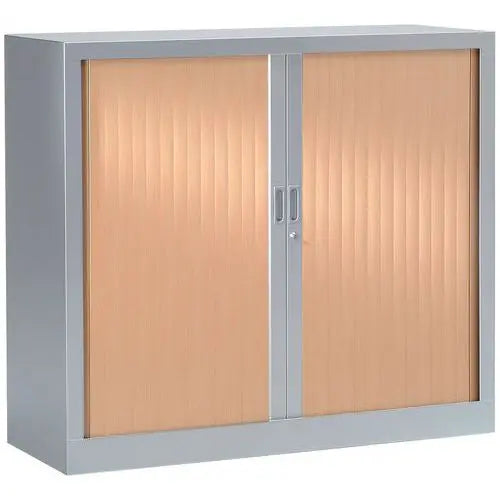 Rangement de dossiers : armoire basse à rideaux bois 100 x 100 cm corps gris alu RAL 9006 et rideaux hêtre