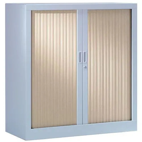Armoire basse à rideaux bois 100 x 120 cm, corps gris alu RAL 9006 et rideaux érable