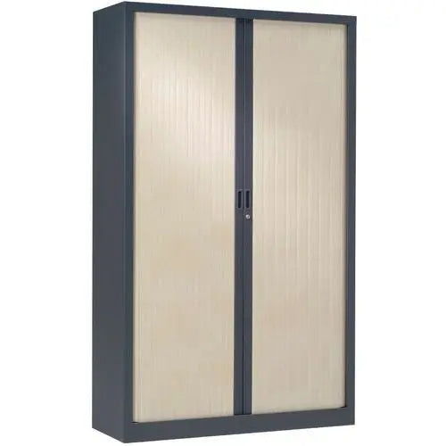 Armoire métallique haute à rideaux décor bois en finition corps anthracite RAL 7016 et rideaux érable