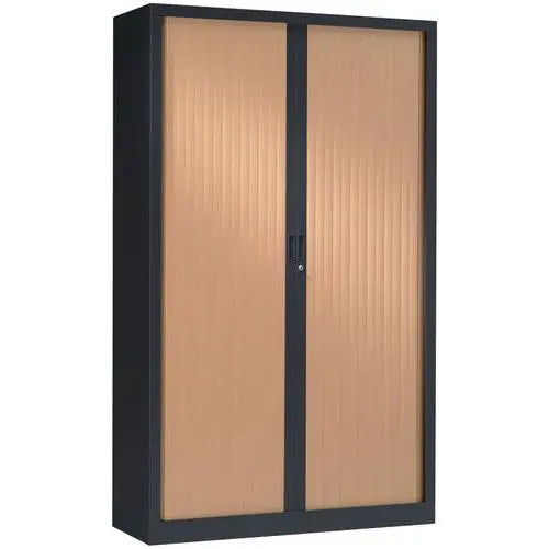 Vue de l'armoire à rideaux bois 198 x 120 cm coloris corps anthracite RAL 7016 et rideaux hêtre