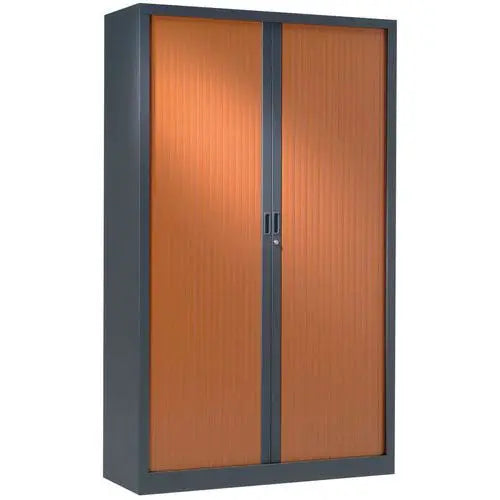 Armoire métallique haute à rideaux décor bois, version corps anthracite RAL 7016 et rideaux merisier, livrée montée