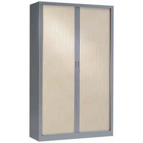 Armoire métallique haute à rideaux décor bois corps gris alu RAL 9006 et rideaux érable, rideaux à ouverture totale