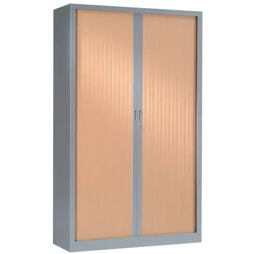 Rangement de dossiers : armoire à rideaux bois 198 x 120 cm corps gris alu RAL 9006 et rideaux hêtre