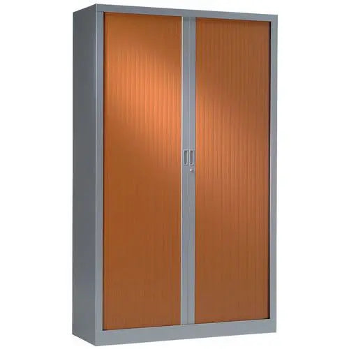 Armoire à rideaux bois 198 x 120 cm en corps gris alu RAL 9006 et rideaux merisier, fabrication française