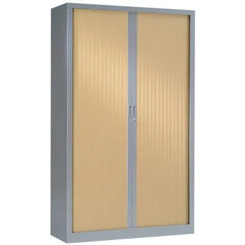 Armoire à rideaux bois 198 x 120 cm corps gris alu RAL 9006 et rideaux chêne clair pour bureau de mairie ou d'entreprise