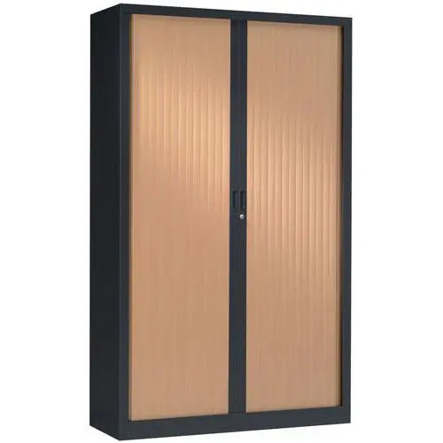 Vue de l'armoire haute à rideaux bois L 100 cm coloris corps anthracite RAL 7016 et rideaux hêtre