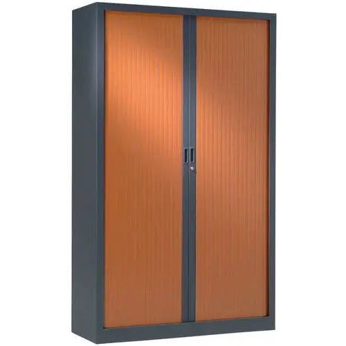 Armoire métallique 198 x 100 décor bois, version corps anthracite RAL 7016 et rideaux merisier, livrée montée