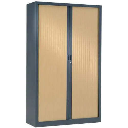 Armoire haute à rideaux bois L 100 cm, corps anthracite RAL 7016 et rideaux chêne clair