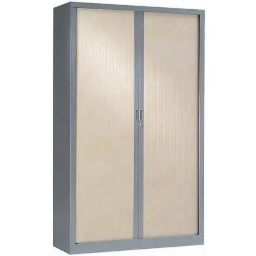 Armoire métallique 198 x 100 décor bois corps gris alu RAL 9006 et rideaux érable, rideaux à ouverture totale