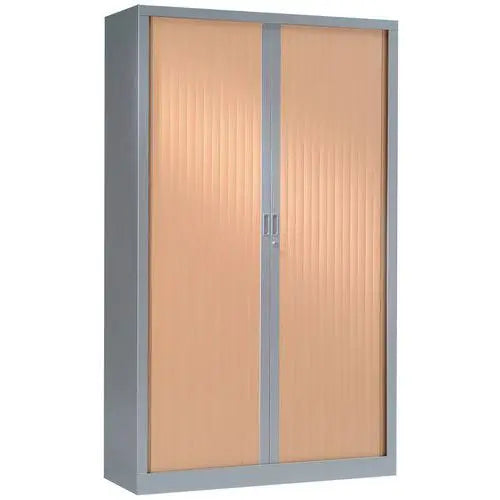 Rangement de dossiers : armoire haute à rideaux bois L 100 cm corps gris alu RAL 9006 et rideaux hêtre