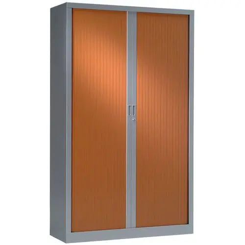 Armoire haute à rideaux bois L 100 cm en corps gris alu RAL 9006 et rideaux merisier, fabrication française