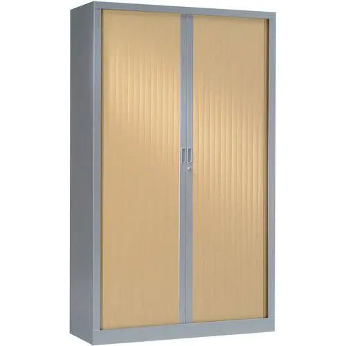 Armoire haute à rideaux bois L 100 cm corps gris alu RAL 9006 et rideaux chêne clair pour bureau de mairie ou d'entreprise