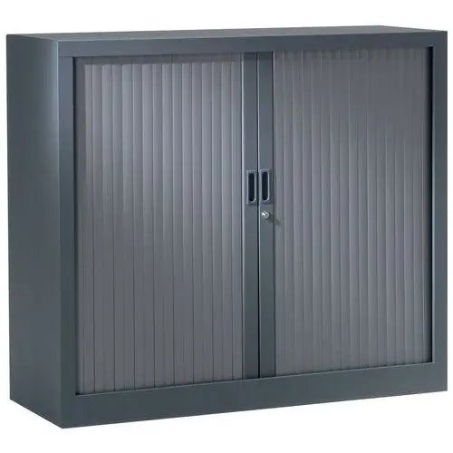 Petite armoire métallique de bureau anthracite RAL 7016, rideaux à ouverture totale