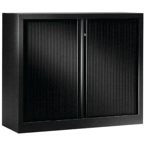 Armoire à rideaux NF Environnement L 100 cm en noir RAL 9005, hauteur 100 cm, 2 tablettes, fabrication française