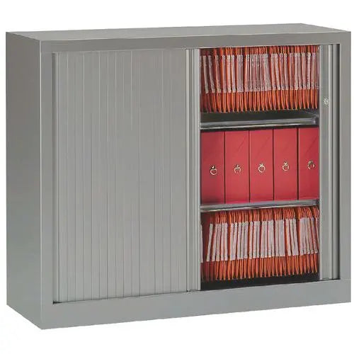 Armoire à rideaux NF Environnement L 100 cm taupe basalte, hauteur 100 cm, 2 tablettes pour bureau de mairie ou d'entreprise