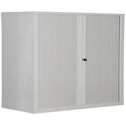 Armoire à rideaux NF Environnement L 100 cm, gris alu RAL 9006, hauteur 100 cm, 2 tablettes