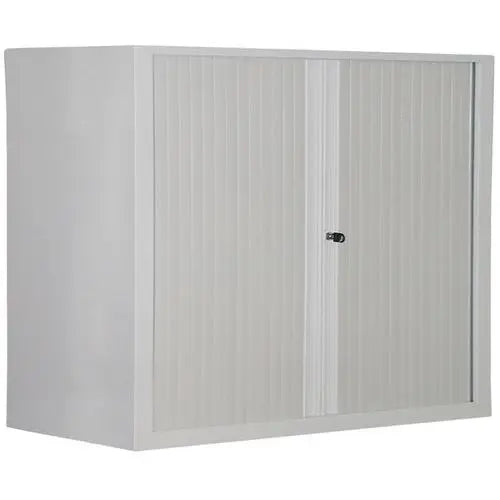 Armoire à rideaux NF Environnement L 100 cm, gris alu RAL 9006, hauteur 100 cm, 2 tablettes