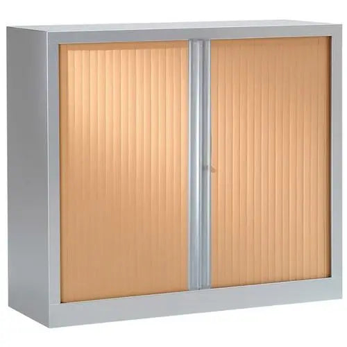 Vue de l'armoire à rideaux NF Environnement L 100 cm coloris corps alu, rideaux hêtre, hauteur 100 cm, 2 tablettes