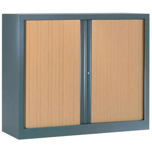 Armoire métallique à rideaux polypropylène, version corps anthracite, rideaux hêtre, hauteur 100 cm, 2 tablettes, livrée montée