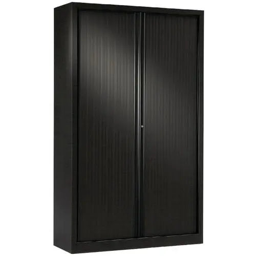 Armoire à rideaux NF Environnement L 100 cm en noir RAL 9005, hauteur 198 cm, 4 tablettes, fabrication française
