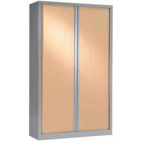Vue de l'armoire à rideaux NF Environnement L 100 cm coloris corps alu, rideaux hêtre, hauteur 198 cm, 4 tablettes