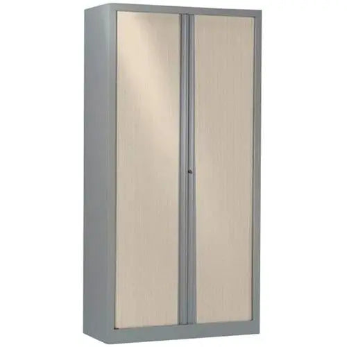 Armoire métallique à rideaux polypropylène en finition corps alu, rideaux érable, hauteur 198 cm, 4 tablettes