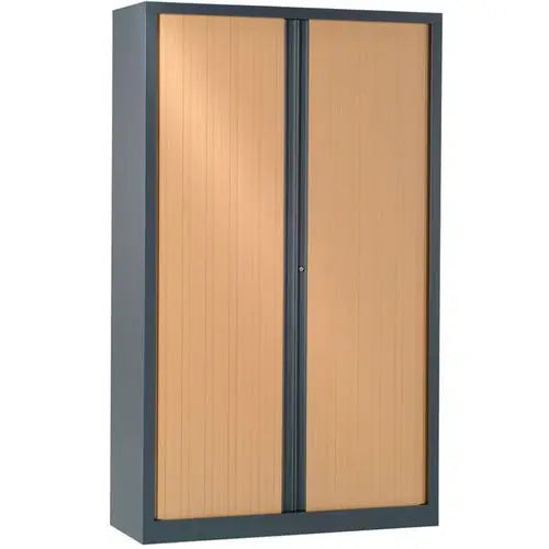 Armoire métallique à rideaux polypropylène, version corps anthracite, rideaux hêtre, hauteur 198 cm, 4 tablettes, livrée montée