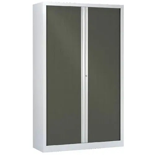 Armoire métallique à rideaux polypropylène corps blanc, rideaux basalte, hauteur 198 cm, 4 tablettes, rideaux à ouverture totale