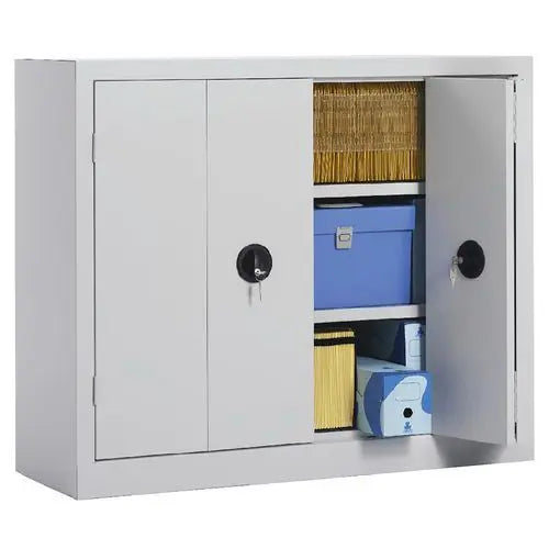 Portes pliantes ouvertes à 180° sur armoire métallique de bureau