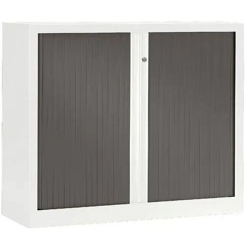 Armoire métallique à rideaux polypropylène corps blanc, rideaux basalte, hauteur 100 cm, 2 tablettes, rideaux à ouverture totale