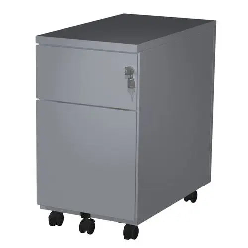 Caisson mobile Slim gris aluminium RAL 9006 en acier, 2 tiroirs sur glissières à billes
