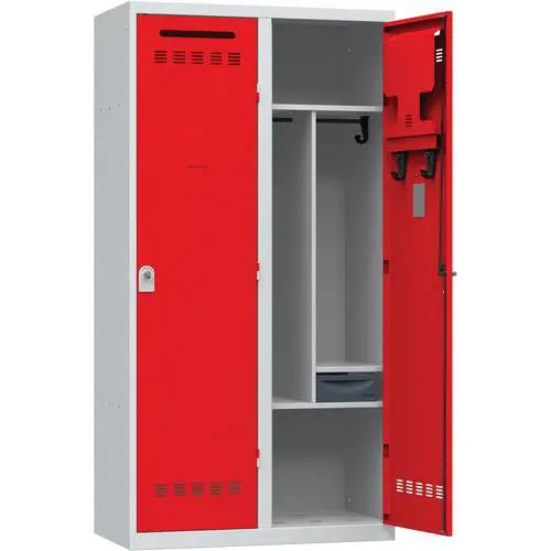 Vestiaire de caserne Vinco double, 2 portes rouges sur corps gris clair, version à cadenas