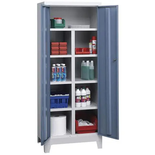 Armoire métallique à compartimentage sur pieds, corps gris et portes bleues, H 1950 x L 800 mm