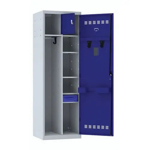 Détail de l'aménagement intérieur : vestiaire police municipale XL, corps gris et porte bleu réflexe, fermeture à cadenas