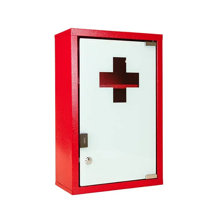 Armoire à pharmacie rouge Farmor ARM 1202 VT avec porte en verre trempé blanc et deux étagères en acier