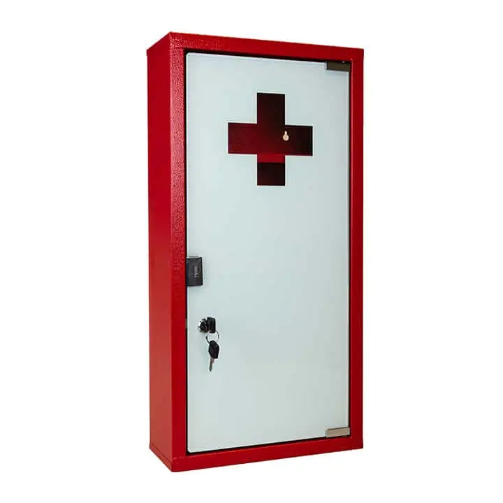 Vue de l'armoire à pharmacie rouge ARM 1203 VR à trois étagères fixes en acier, serrure à clés numérotées