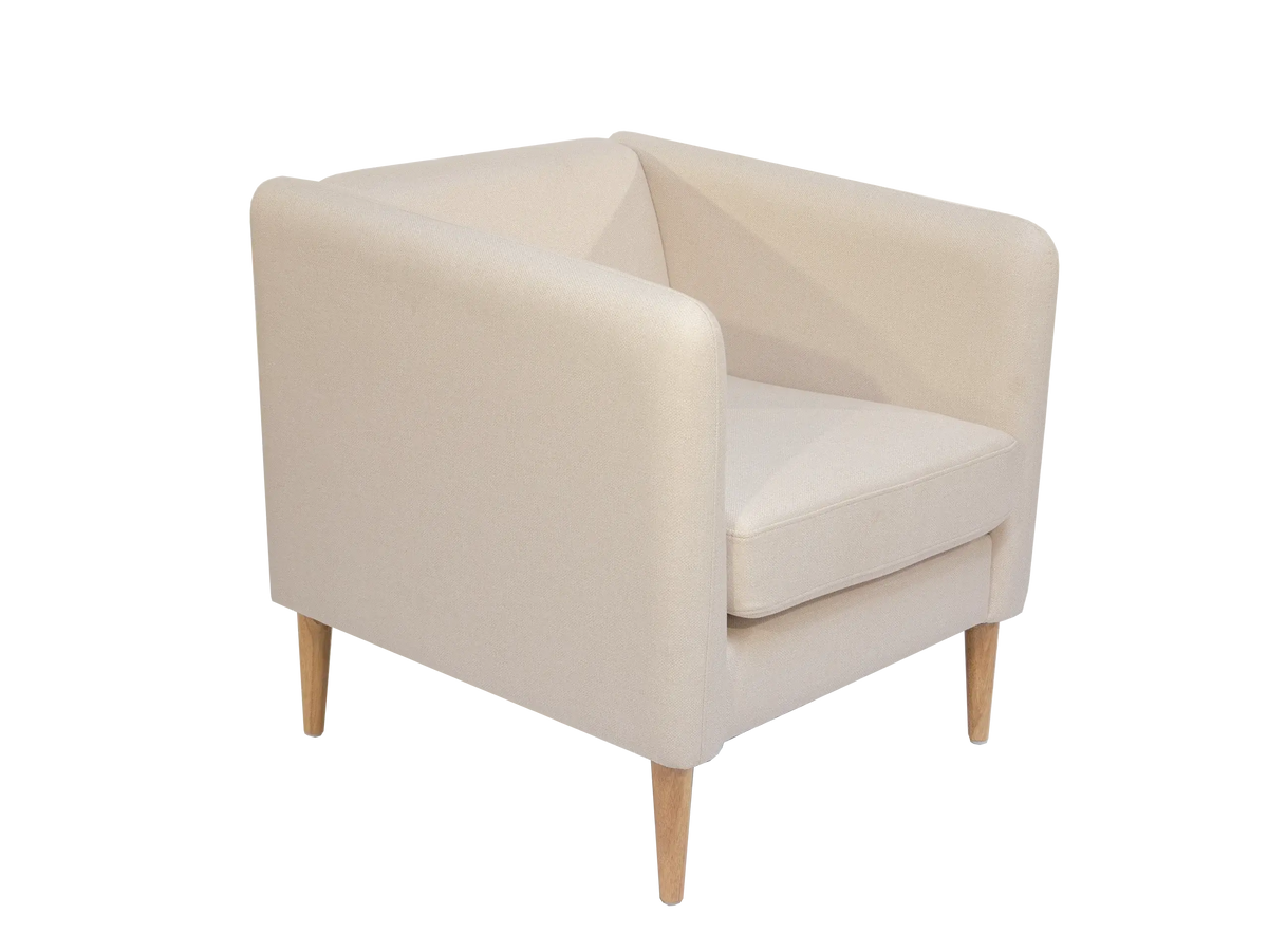 Fauteuil Kanap 1 place tissu beige, pieds coniques hévéa