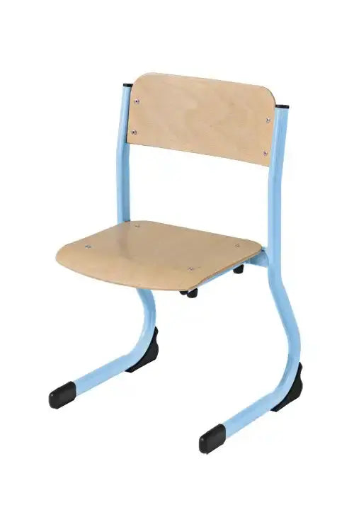 Petite chaise maternelle CAT315 piètement bleu clair, hêtre vernis naturel