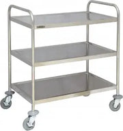 Chariot inox 3 plateaux professionnel en acier inoxydable, 4 roues directionnelles avec freins, charge utile 120 kg pour service et manutention.
