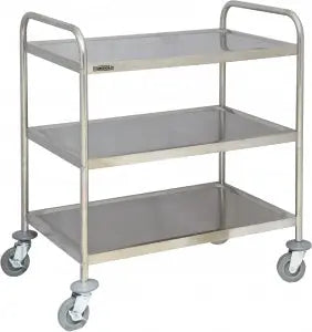 Chariot inox 3 plateaux professionnel en acier inoxydable, 4 roues directionnelles avec freins, charge utile 120 kg pour service et manutention.