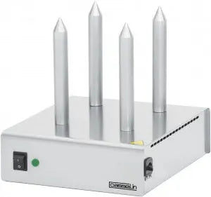 Chauffe-pains professionnel en inox avec 4 plots en aluminium anodisé, interrupteur marche/arrêt et voyant de contrôle pour usage en restauration.