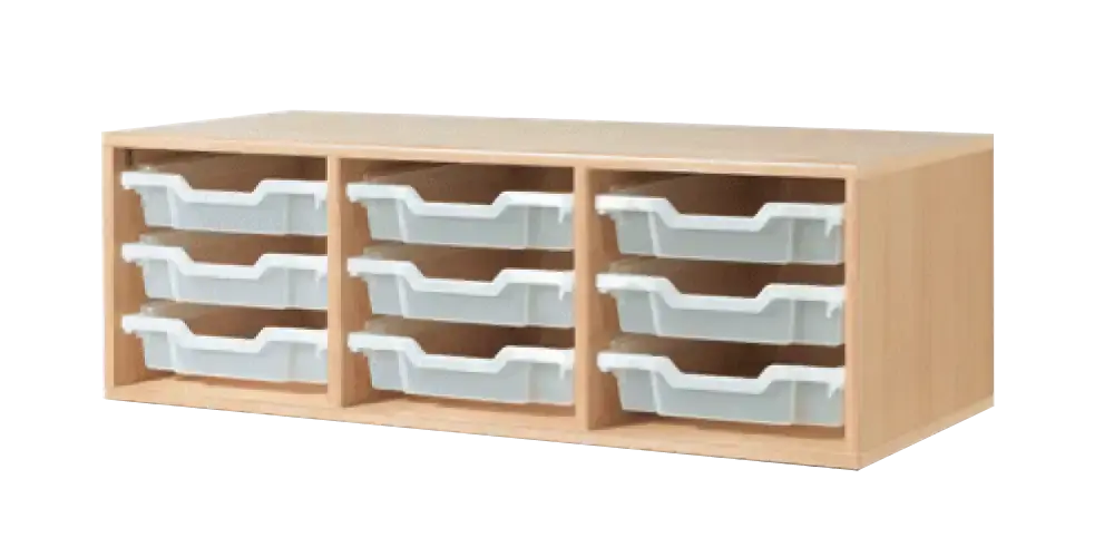 Surmeuble à bacs 105 cm à 3 compartiments pour 9 petits bacs plastiques