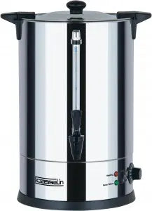 Distributeur d’eau chaude 15 L en inox à double paroi, thermostat réglable et robinet anti-gouttes pour usage professionnel en restauration.