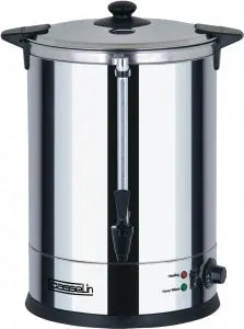 Distributeur d’eau chaude 20 L en inox à double paroi, thermostat réglable et robinet anti-gouttes pour usage professionnel en restauration.