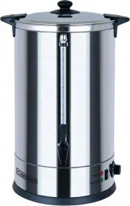Distributeur d’eau chaude 25 L en inox à double paroi, thermostat réglable et robinet anti-gouttes pour usage professionnel en restauration.