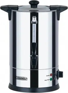Distributeur d’eau chaude 6,8 L en inox à double paroi, thermostat réglable et robinet anti-gouttes pour usage professionnel en restauration.