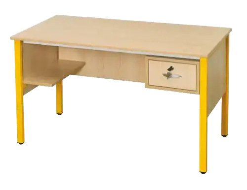 Bureau de classe avec tablette porte-sac à gauche et tiroir à clé à droite