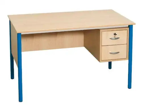 Bureau de classe tube rond et caisson de deux tiroirs sur coulisses à galets